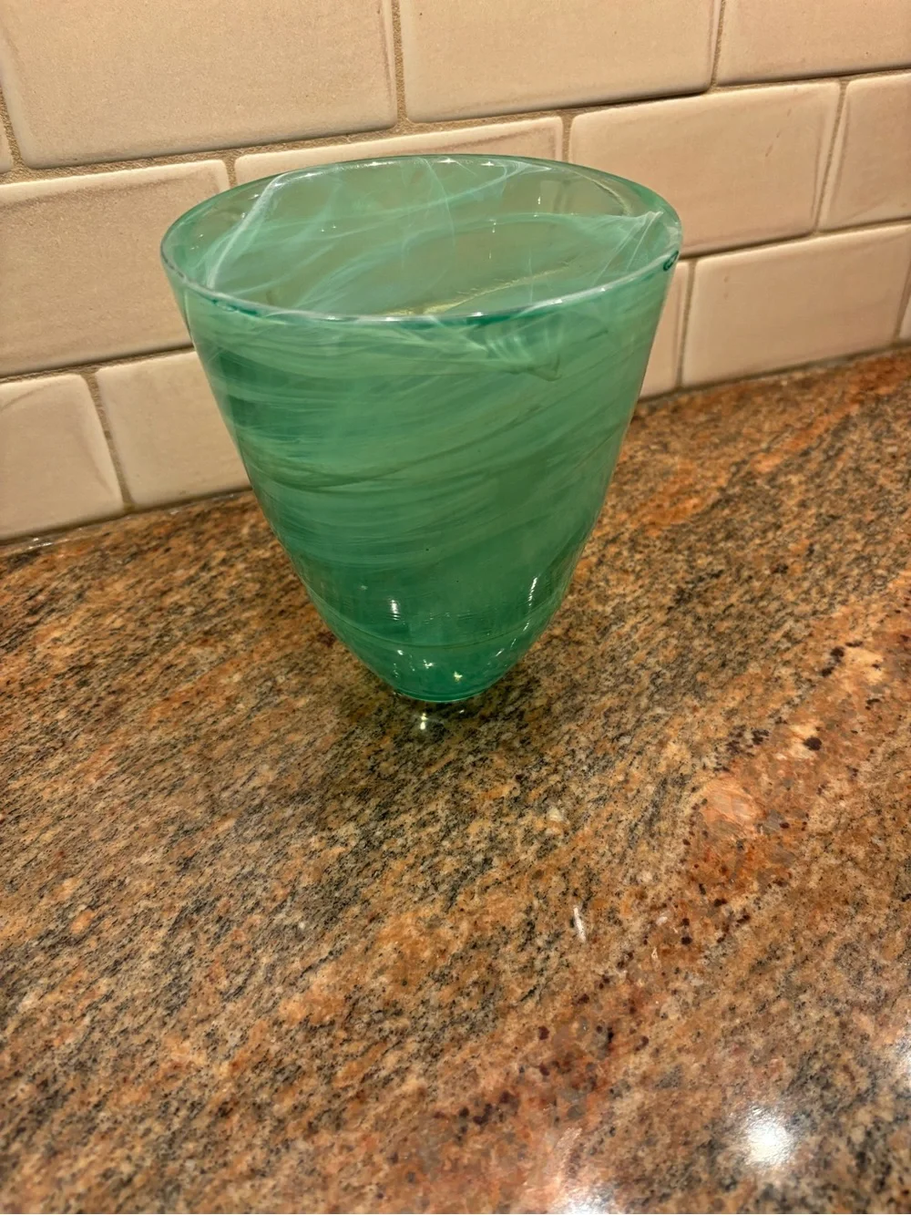 Murano Kosta Boda Style Green Marbled Swirled Glass Vase 7” Tall